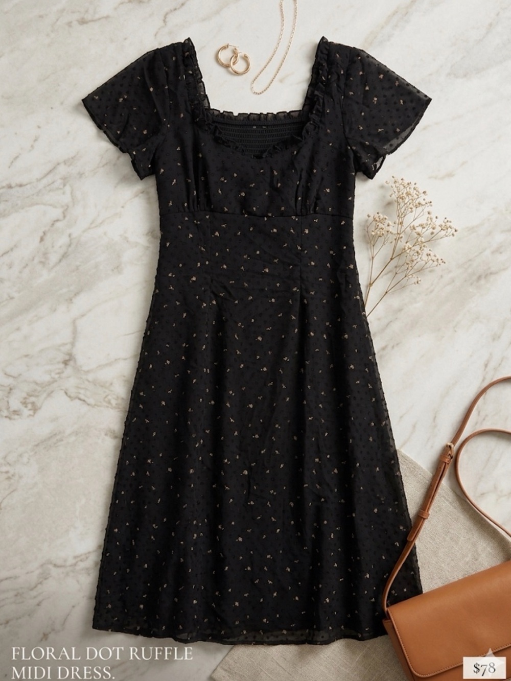 Lulu's Black Swiss Dot Midi Dress with Flutter Sleeves and Subtle Sheen